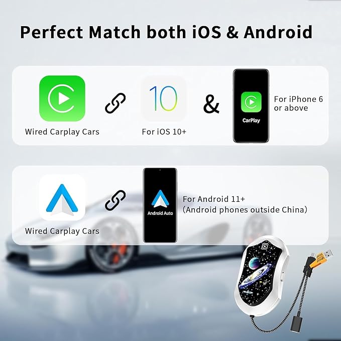 Wireless Android Auto & CarPlay Adapter, Plug and Play, No Lag, USB Type-A & C Support with Charging Port, Mini 3 in 1 Wireless Adapter Compatible with Cars with Wired CarPlay/Android Auto