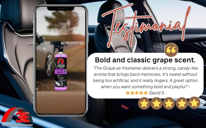 3E Car Air Freshener Premium Grape Scent 16 fl oz – Professional Automotive Air Freshener & Odor Eliminator, Long-Lasting Interior Fragrance for Cars, Trucks, SUVs, RV, Home & Office (GRAPE)