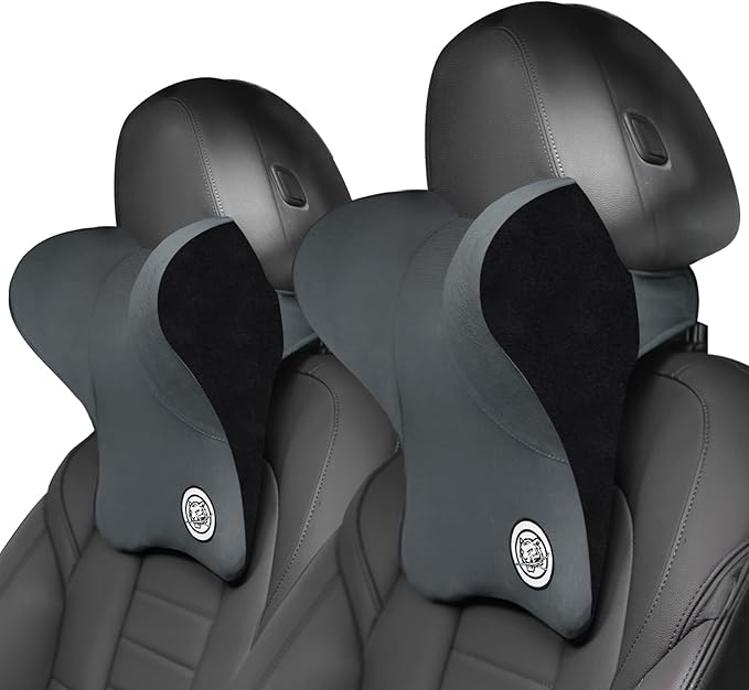 Car Neck Pillow for Driving Seat Car Headrest Pillow with Flexible Strap, 100% Memory Foam Neck Support Pillow for Car, Office Chair Dark Grey Pack of 2