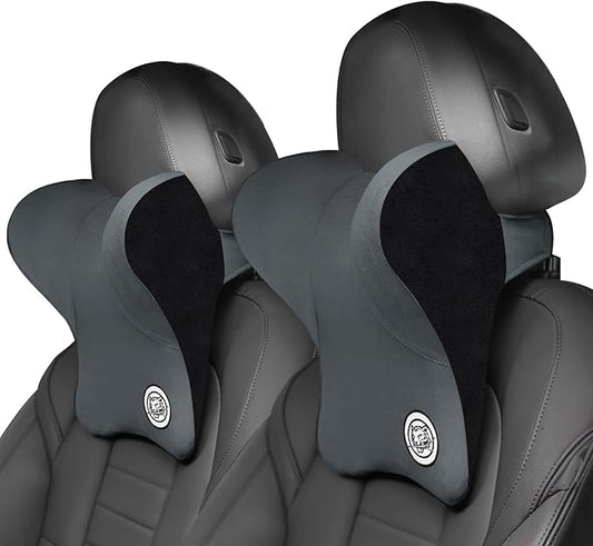 Car Neck Pillow for Driving Seat Car Headrest Pillow with Flexible Strap, 100% Memory Foam Neck Support Pillow for Car, Office Chair Dark Grey Pack of 2