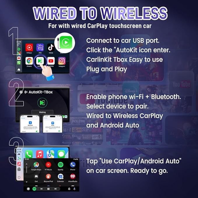 Wireless CarPlay Adapter CarlinKit 3 in 1 Ai Box Only for Wired CarPlay Touch Screen Cars, Support Android 13.0 System Wireless CarPlay Android Auto YouTube Netflix GPS+Glonass - CPC200-Tbox LED