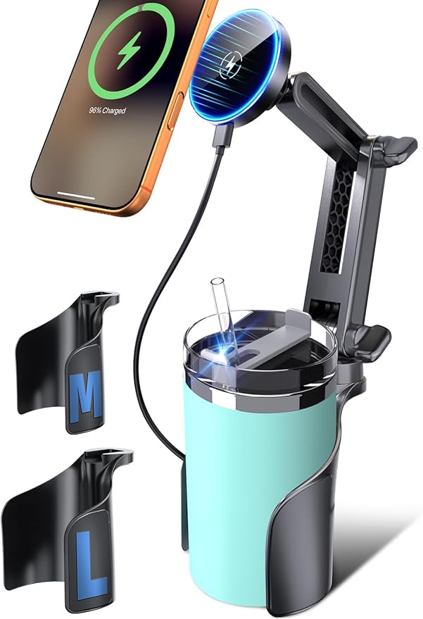 ELWEY for Magsafe Car Mount Charger Wireless, Upgraded 3 in 1 Cup Phone Holder with Dual Flexible Bases, 15W Fast Charging Phone Holder Magnetic, Powerful N55 Magnet, 15" Height, for iPhone 17 16 15