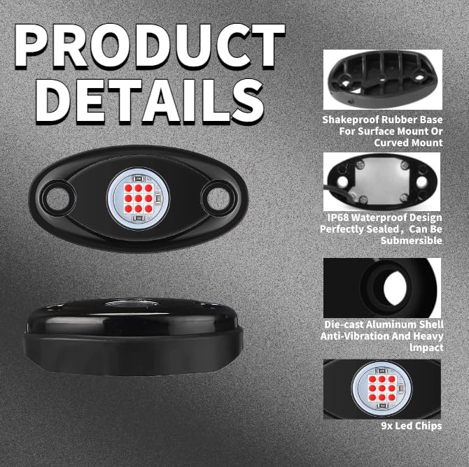 Red Rock Light 12pods 6000k Pure Red Led Rocks Lights Kit Ip68 Waterproof 47inch Extension Wires for ATV Rv Utv SUV Offroad Pickup Trucks Golf Boat Cars Trailers Fender Underglow Lighting (Red)