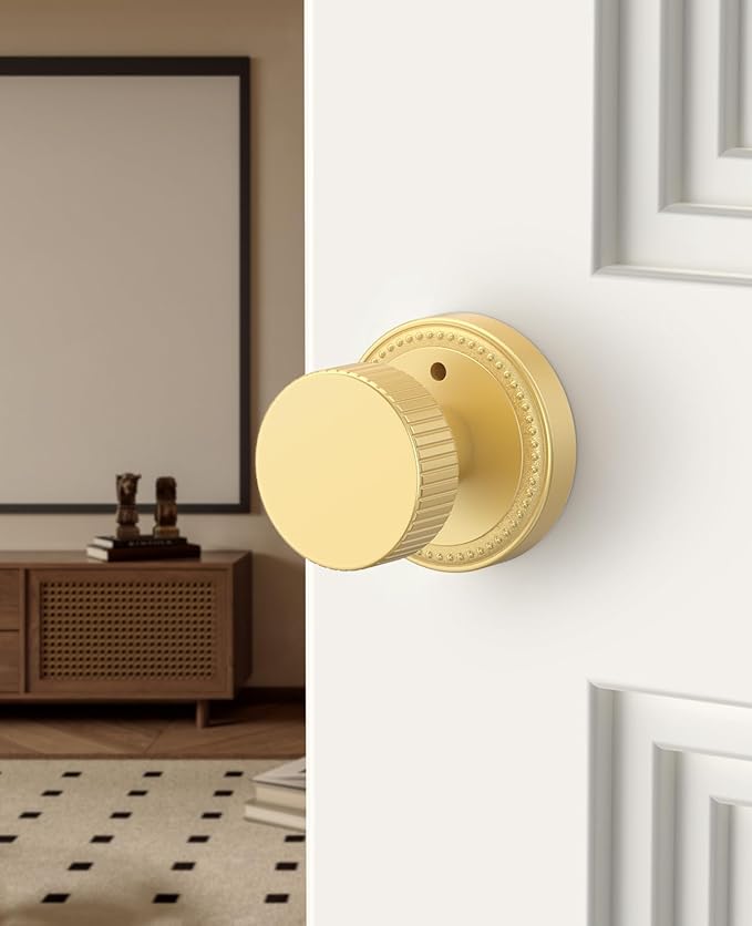 Asidrama 1 Pack Privacy Gold Door Knob with Lock, Brush Gold Door Knobs Interior for Bedroom or Bathroom, Heavy Duty Brush Gold Door Handle for Left Right Sided Doors