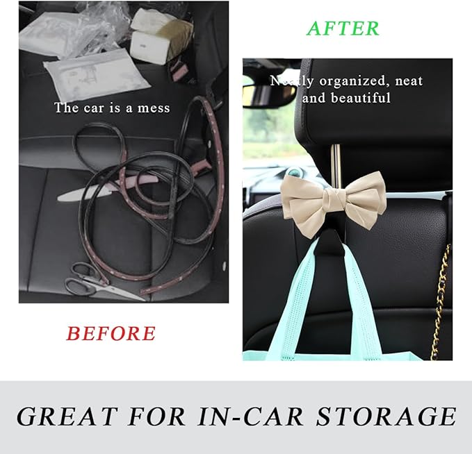 2 PCS Car Seat Headrest Hooks, Cute Bow Shaped Vehicle Backseat Storage Hooks, Leather Bow Shaped Sturdy Car Seat Back Hooks for Purses/Coats/Umbrellas, Car Accessories (Black & White)