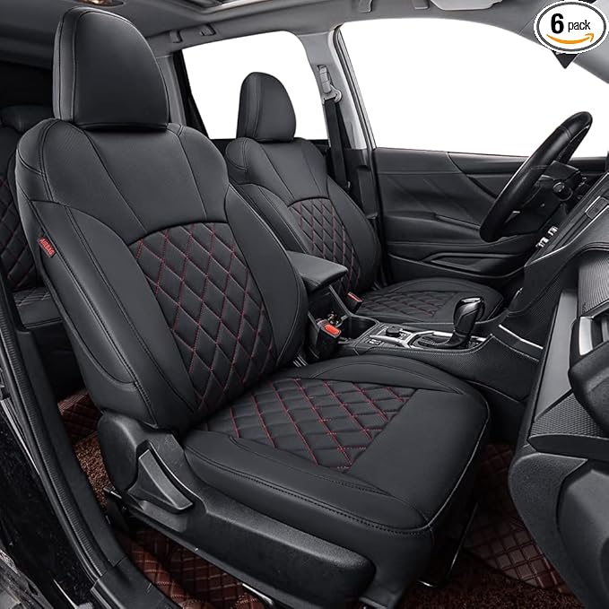 coverdream Forester Seat Covers Custom Fit for 2014 2015 2016 2017 2018 Subaru Forester,Full Coverage Waterproof Leatherette Car Seat Protector(Full Set,Black/Red)