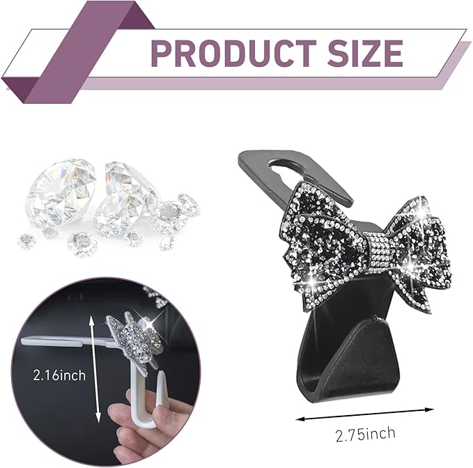 2 PCS Car Seat Headrest Hooks, Bling Rhinestone Bow Hangers, Invisible Backseat Storage Hooks, Universal for Most Cars, SUVs, Vehicles (Black)