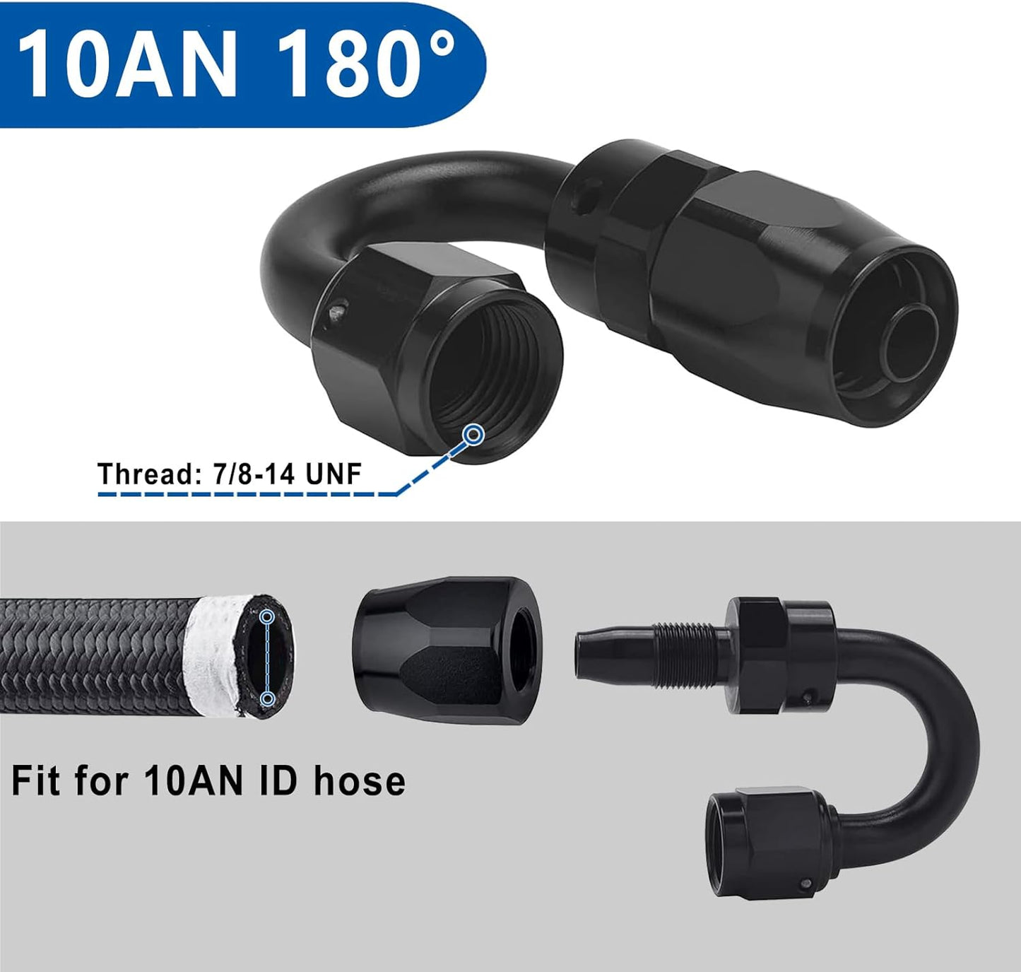 LokoCar 10AN Hose End Fitting 180 Degree Swivel For CPE Braided Hose Black 2Pcs
