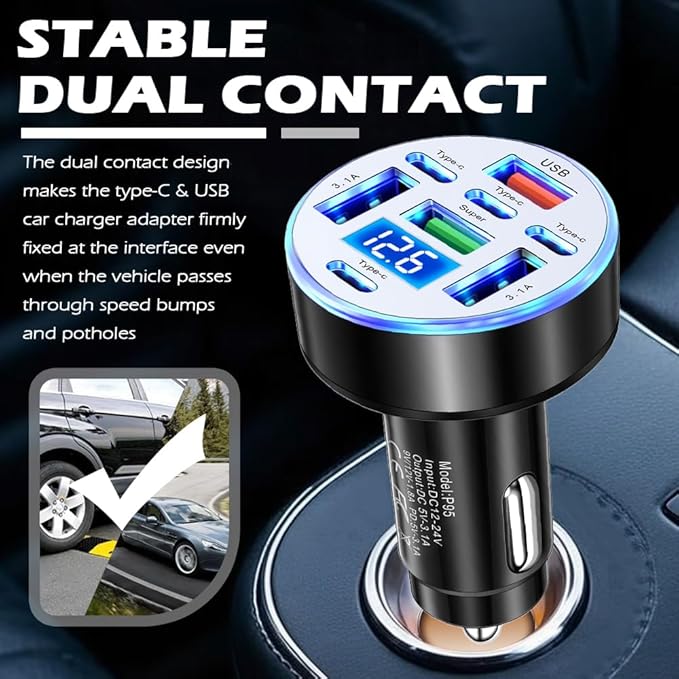 8 Port Type-C & USB Car Charger Adapter with 25W Fast Charging,12/24V Car Cigarette Lighter USB Charger with Voltage Display & Flexible Light,Upgraded Fast Cars Chargers