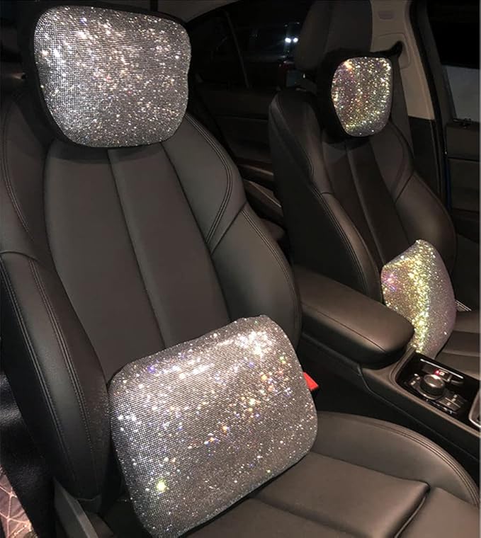 Lumbar Support Pillow Summer Decorative for Car Soft Bling Accessories Sparkly Diamond Rhinestone for Women Girls, Universal Office Chair Lower Back Cushion Rubber Black