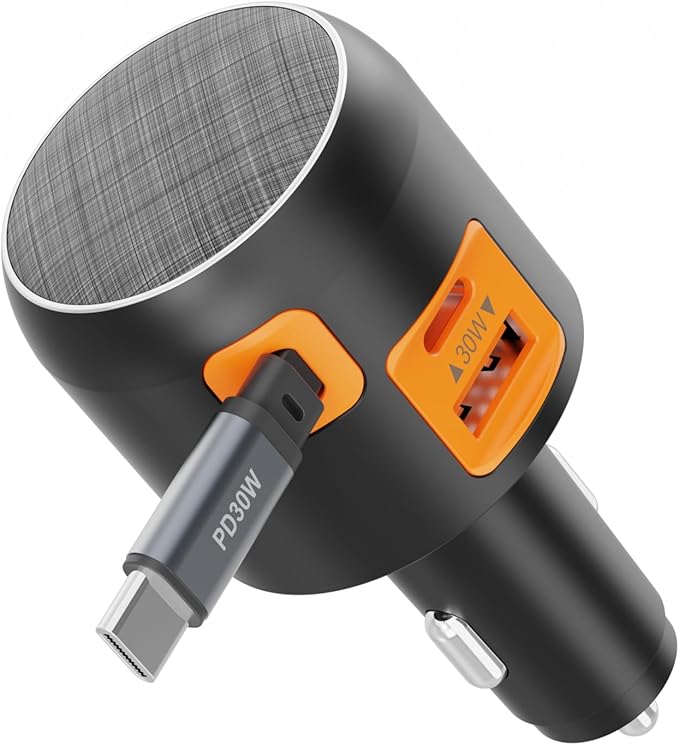 60W Retractable Car Charger, 3-in-1 USB-C Fast Charging Cigarette Lighter Adapter with Built-in Retractable Cable, Compatible with iPhone 16/15 Pro Max, Galaxy S25, iPad – Orange