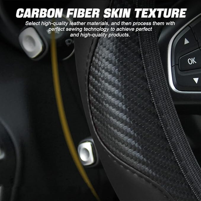 Car Steering Wheel Cover, Microfiber PU Leather Elastic Carbon Fiber Auto Steering Wheel Protector, 15 Inch Breathable Anti-Slip for Women Men, Car Interior Accessories for Most Cars (Black)