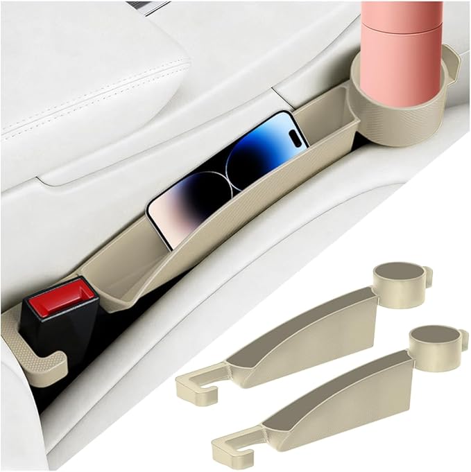 2PCS Car Seat Gap Filler, Dual Slot Carbon Fiber Vehicle Side Seat Gap Organizer Strip with Cup Holder, Auto Console Guard Spacer Stop Things from Dropping, Universal Fit (Beige)