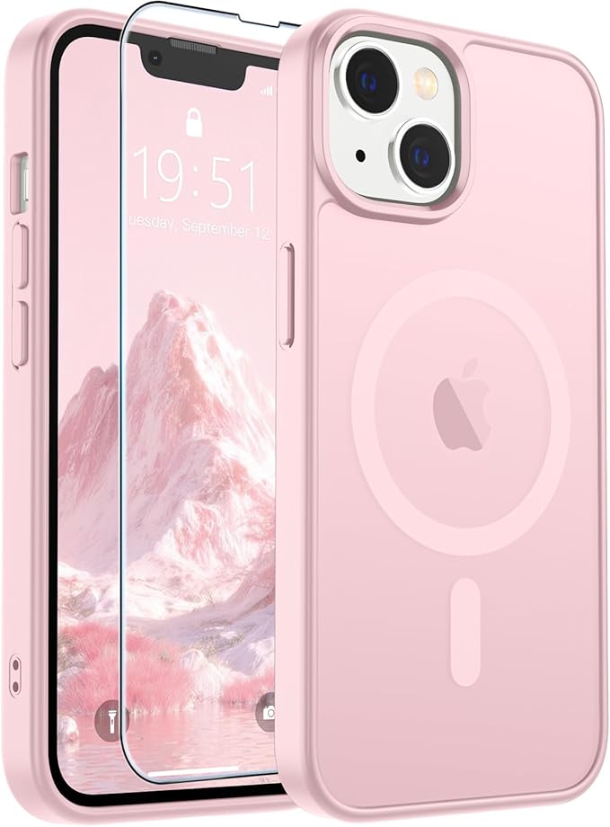 SUPFINE Magnetic for iPhone 14 Case & iPhone 13 Case with Screen Protector (Compatible with MagSafe)(Military Grade Drop Protection) Translucent Matte Shockproof Phone Cover,Light Pink