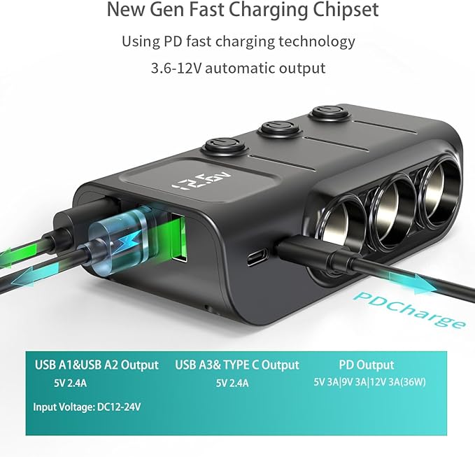 8 in 1 Cigarette Lighter Splitter, 120W 3 Socket Car Charger Adapter,5 USB,Type-C PD36W, Fast Charging,12V/24V Input, Built-in Protecter, Zero Risk to Car & Devices,for Car, Truck, SUV, RV, Camping