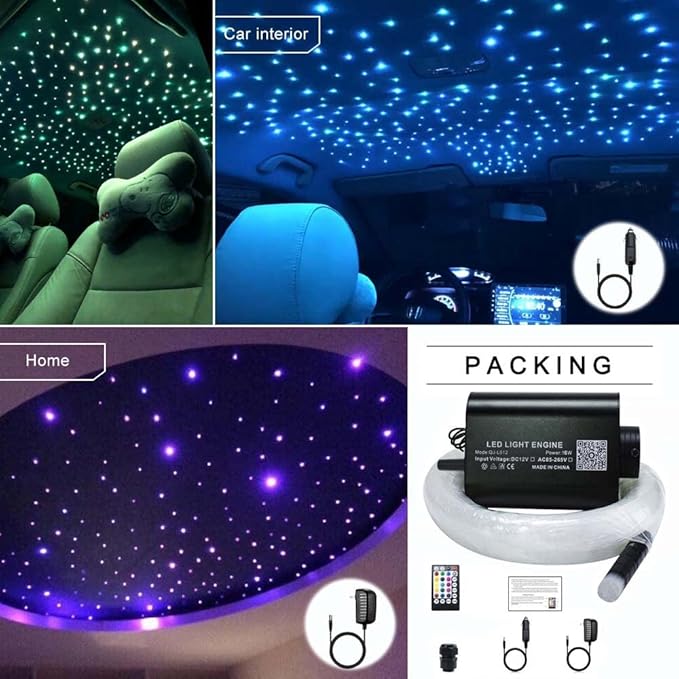 AZIMOM LED Bluetooth 16W RGBW Fiber Optic Light Star Ceiling Kits 150pcs 0.03in 6.5ft Sensor Music Mode Remote/APP Control Car Use Home Headliner Lighting Decoration