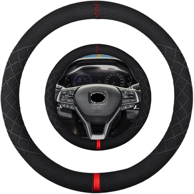 Suede Steering Wheel Cover,Compatible with Honda Accord Civic CR-V Pilot Odyssey Fit Ridgeline Suede Leather Sport Non-Slip Wheel Cover Car Interior Accessories 15 inch for Man and Women