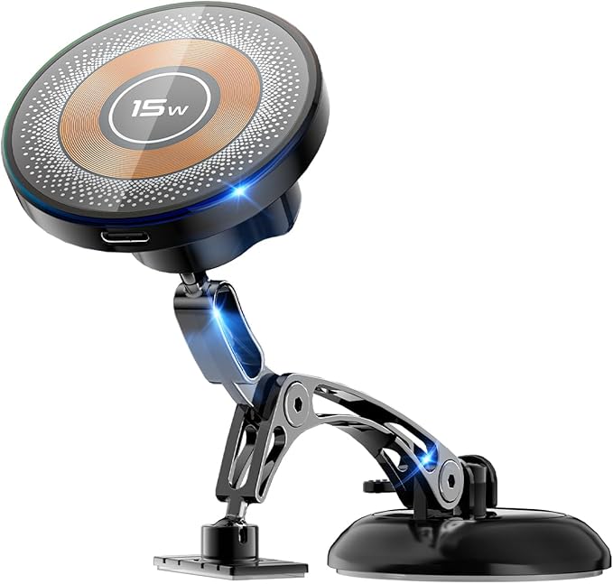 Magnetic for MagSafe Car Mount 15W Wireless Charging, Magnetic Phone Holder for Car with Vacuum, 360°Adjustable Metal Head &Extension Rod, Cell Phone Holders for Your Car for iPhone17/16/15/14/13/12