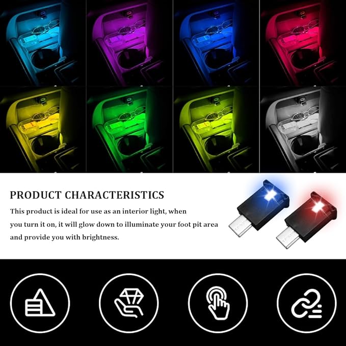 2PCS Mini USB LED Car Light, Car Lights Interior, USB LED Car Interior Atmosphere Lamp, Universal Portable Auto Ambient Lighting Kit Car Interior Accessories for Laptop, Home, Office (2PCS)