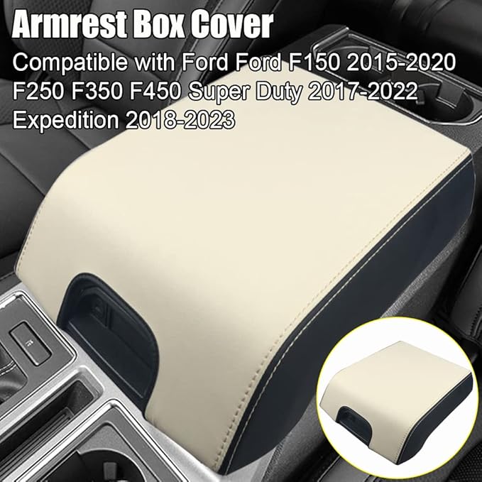XITER 1PC Leather Center Console Armrest Box Cover Waterproof Cushion Pad for F150 2015-2020 F250 F350 F450 Super Duty 2017-2022 Expedition 2018-2023(Beige+Black)