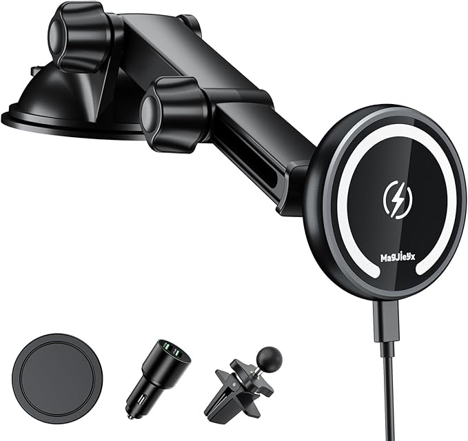MAGJIEYX for Magnetic Magsafe Car Mount Charger, Wireless Car Charger with QC3.0 Adapter(38W Max) Phone Holder Fits iPhone17/16/15/14/13Plus/MagSafe Case,Dash/Vent/Windshield(Black)