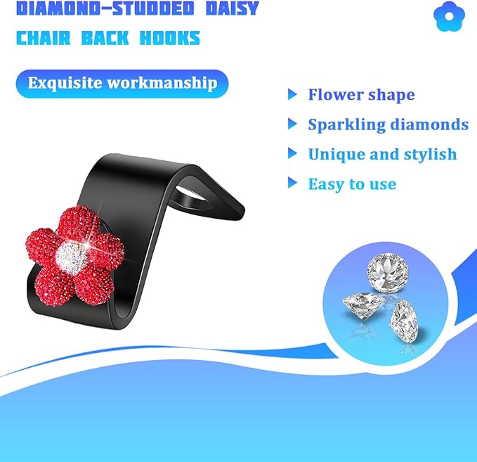 Bling Car Seat Headrest Hook, 4PCS Daisy Crystal Rhinestone Vehicle Backseat Hanger Storage Hook for Purses Bags, Auto Interior Headrest Storage Organizer Decorations, Universal Fit (Red)