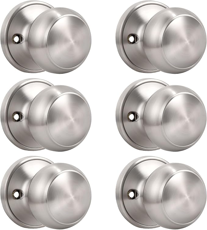 KNOBWELL 6 Pack Brushed Nickel Dummy Door Knob, Single Sided Handle for Closets, French Double Doors, and Pantry, Satin Nickel One Side Non-Turning Interior Push/Pull Door Knob