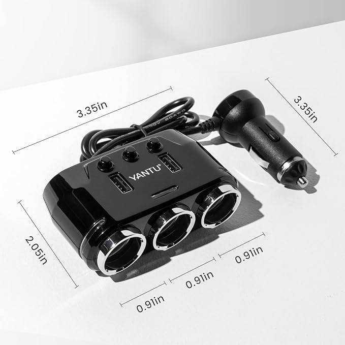 YANTU Cigarette Lighter Adapter & Splitter with 150W 3-Sockets & LED Ambient Lighting, Dual USB Fast Charging Car Outlet 12V, Car Cigarette Lighter Socket Plug Extension for Vehicles