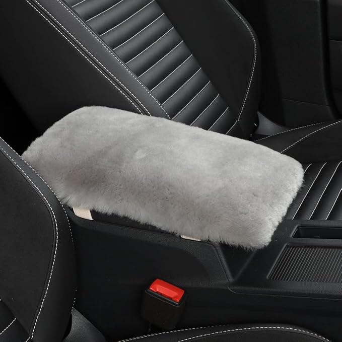 Sheepskin Armrest Cover Auto Center Armrest Cover Car Soft Console Pad, Fluffy Wool Auto Center Console Cover for Most Car Arm Rest Decoration Protector 7 x 13 Inch (Shearling, Light Gray)