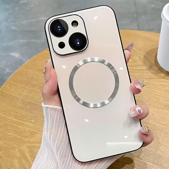 Guppy Compatible with iPhone 15 Case Magnetic, with Full Camera Lens Protector [Compatible with MagSafe] Scratch Resistant Gradient Glass Back Cover Phone Case-White