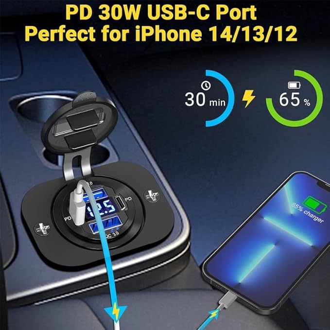 12V USB Outlet 78W Metal Car Charger Socket Dual 30W PD Dual 18W QC3.0 with Voltmeter Aluminum 12V Power Outlet Car USB Port Adapter for Car Truck Golf RV Marine