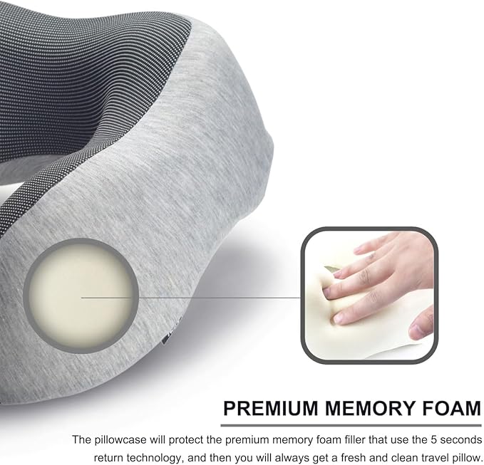 napfun Neck Pillow for Traveling, Upgraded Travel Neck Pillow for Airplane 100% Pure Memory Foam Travel Pillow for Flight Headrest Sleep, Portable Plane Accessories, Light Gray Kit