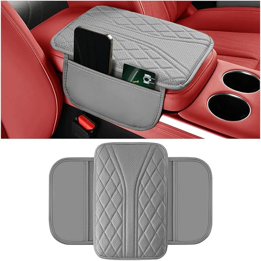 Car Center Console Cover, Leather Vehicle Armrest Box Pad with 2 Storage Bags, Automotive Interior Arm Rest Cushion Protector Accessories, Universal for SUV Sedan Truck (Gray)