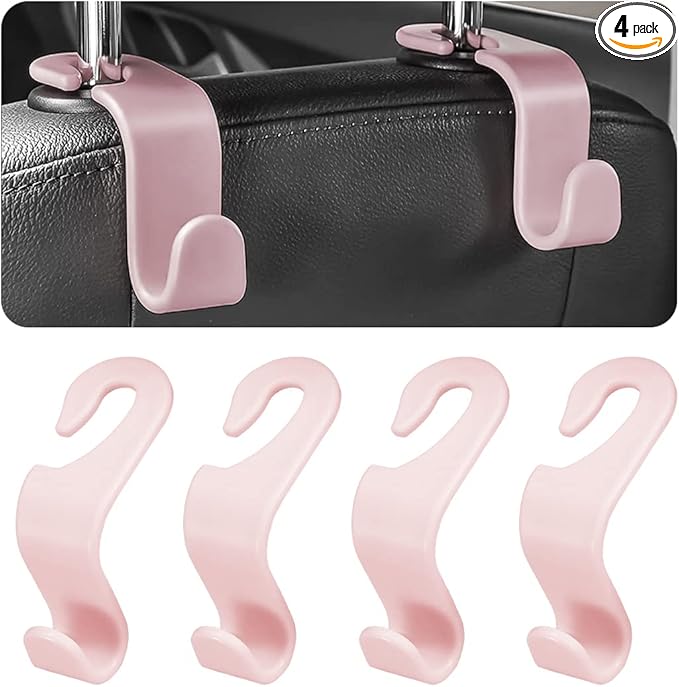 Car Back Seat Headrest Hooks, 4PCS Vehicle Backseat Storage Organizer Hanger, Auto Headrest Hidden Hook Universal for Handbag Purse Backpacks Bags and Groceries (Light Pink)