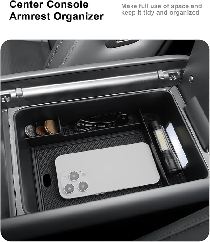 ECOZEN 2026 Santa Fe Center Console Organizer - 2 Pcs Armrest Box Storage Tray + Lower Center Console Tray With Extra Two Cup Holders For 2024-2026 Hyundai Santa Fe/Hybrid Interior Accessories