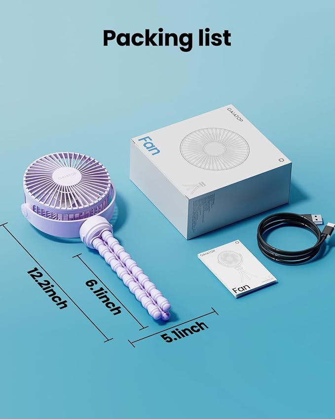 Gaiatop Mini Electric Fan with 360 Rotation, 5.5mm Gaps, Rechargeable Battery, 3 Speeds, Purple