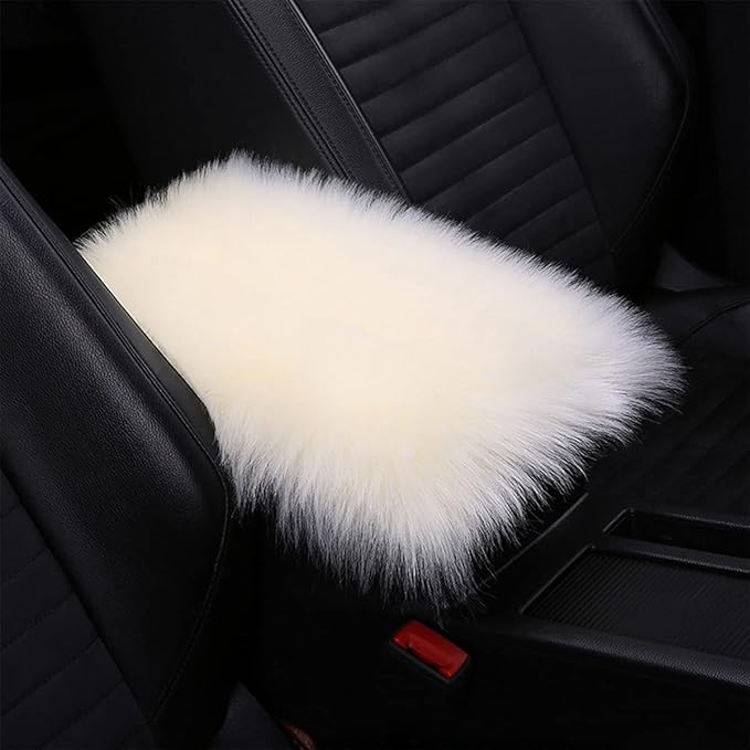 Center Console Cushion Pad/Cover, 11.4"x7.4" Furry Armrest Cover for Cars, Vehicles, SUVs, Premium Sheepskin Wool, Car Interior Accessories for Women(Beige)