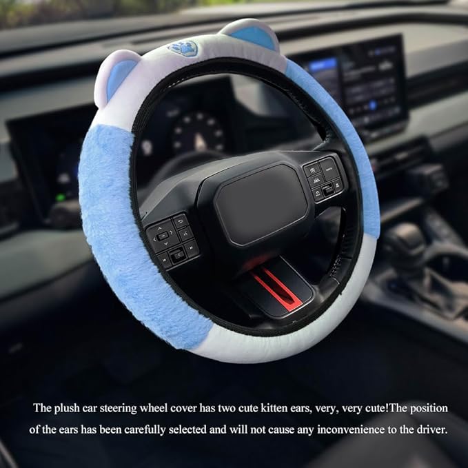 Car Steering Wheel Cover, 15 Inch Fluffy Soft Plush Auto Protector, Anti-Slip Elastic Lovely Car Cover Accessories with Kitty Cat Ears Universal for Most Vehicles (Fluffy-White+Blue)