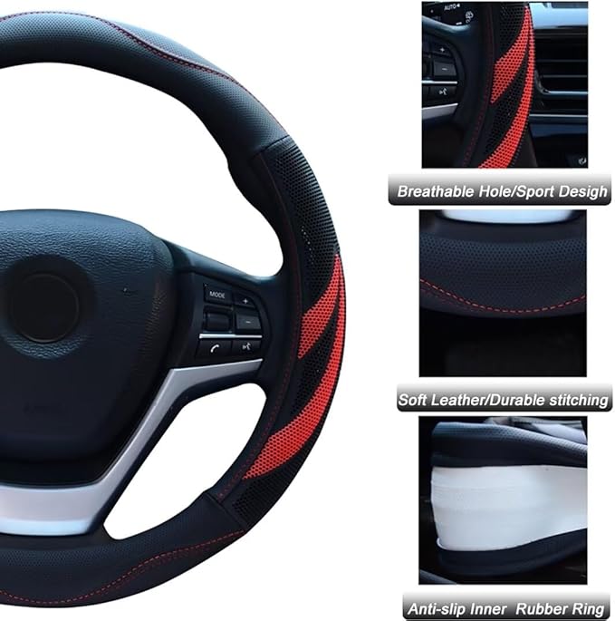 Alusbell Microfiber Leather Steering Wheel Cover Breathable Auto Car Steering Wheel Cover for Women and Men Universal 15 Inches Red
