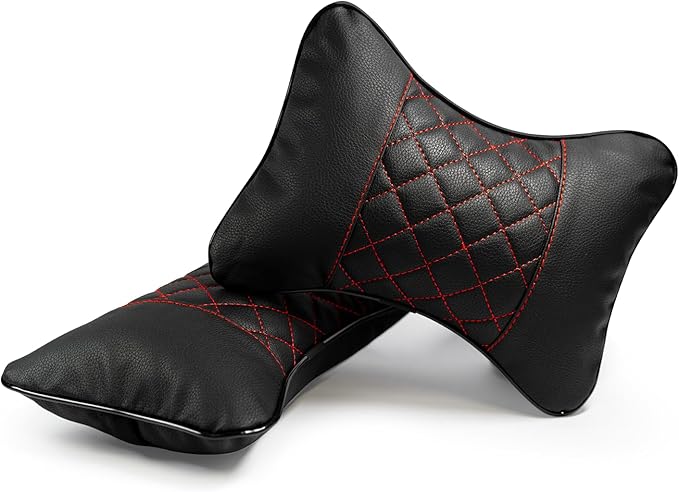 Set of 2 Quilted Faux Leather Car Headrest Pillow, Black Case/Red Threading, Ergonomic Neck Support for Comfortable Driving (Black Base/Red Thread)