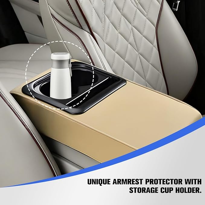 Car Center Console Armrest Pillow, Vehicle Armrest Seat Box Cushion Pad with Cup Holder & Phone Holder, Comfortable Auto Middle Console Cover, Universal for SUV RV Truck (Beige)
