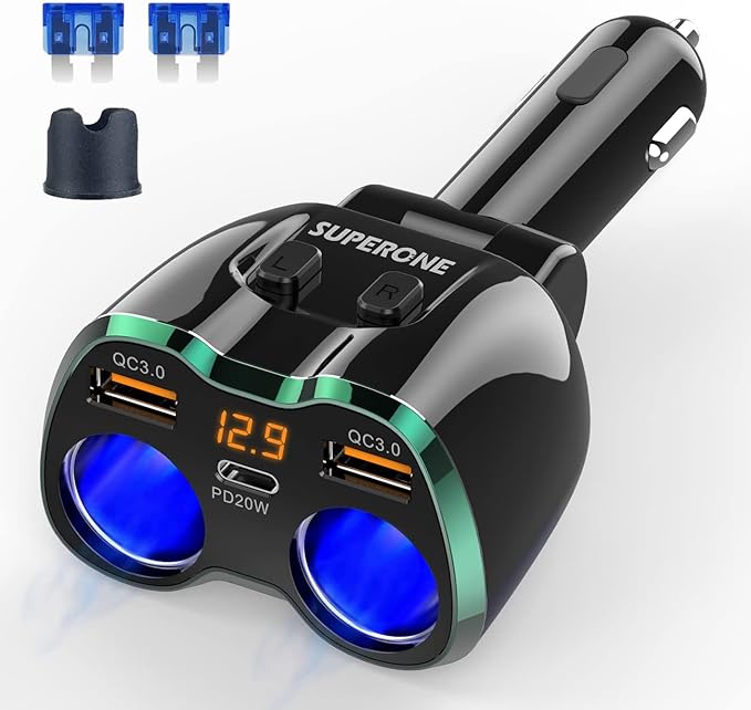 [2025 Upgraded] Cigarette Lighter Splitter, SUPERONE 180W 2-Socket Cigarette Lighter Adapter with Dual QC3.0 and 20W PD USB C Car Charger Splitter for GPS/Dash Cam/Laptop/iPad/iPhone 17/16/15/14/13/12