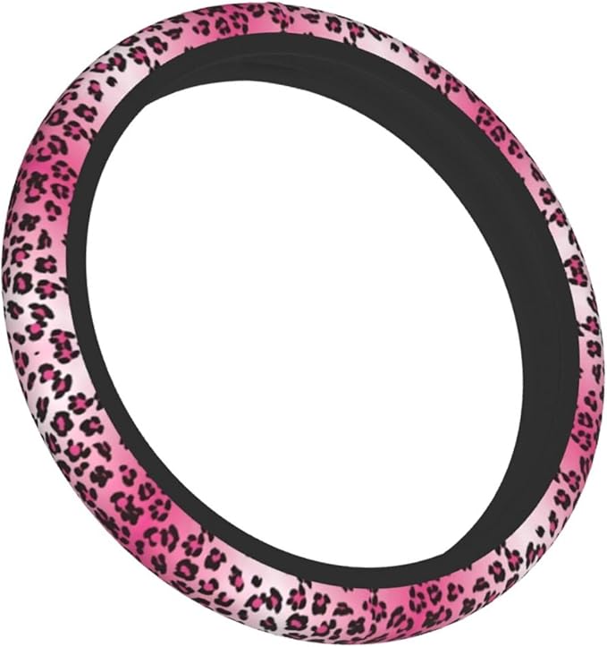 Pink Leopard Print Steering Wheel Cover Cheetah Animal Steering Wheel Cover Anti-Slip Breathable Universal for 15 Inch Car with 2 Pieces Car Coasters Suitable for Men Women