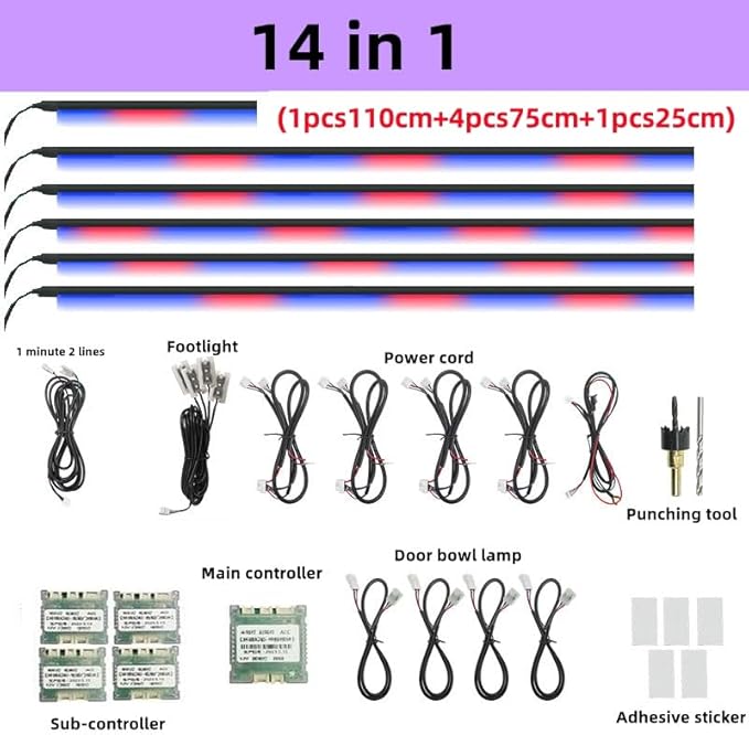 Car Interior LED Light Kit, 14-in-1 Ambient Lighting Strips, RGB Optical Fiber, Multiple Colors
