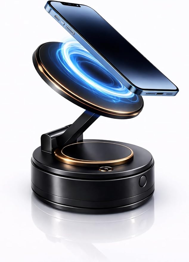 Vacuum Magnetic Car Phone Mount – 360° Adjustable MagSafe-Compatible Phone Holder with Nano Gel Suction Cup, Foldable Hands-Free Mount for Dashboard, Windshield, Gym Mirror, Glass and Smooth Surfaces