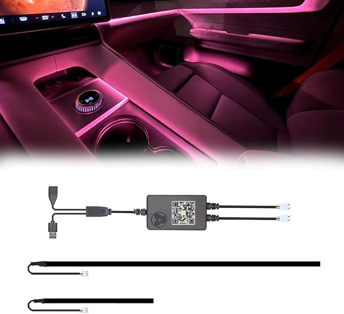 2021-2023 Tesla Model 3 Y Interior Car Neon Lights (Center Console+Dashboard+4 Foot Lights) with Matching Armrest Organizer, Ambient APP-Controlled RGB LED Strip Lights