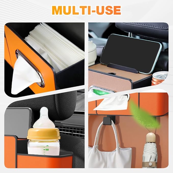 Back Seat Car Organizer,3 in 1 Car Backseat Storage Box with Cup Holder,Tissue Box,Trash Bin&Hooks,Multifunctional Waterproof Storage for Hold Phones Snacks Drinks Handbags (1, Brown)