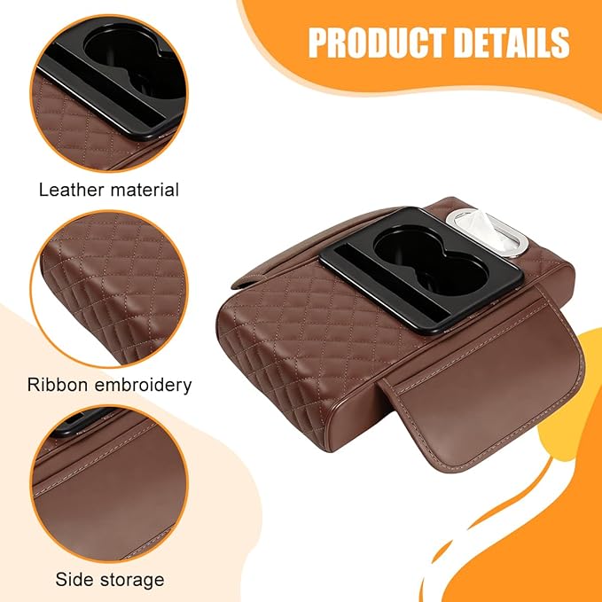 Car Armrest Cushion, 5-in-1 Nappa Leather Vehicle Centre Console Cover with 2 Storage Pockets, Cup Phone & Phone Holder, Multifunctional Auto Organiser Accessories, Universal Fit (Coffee)