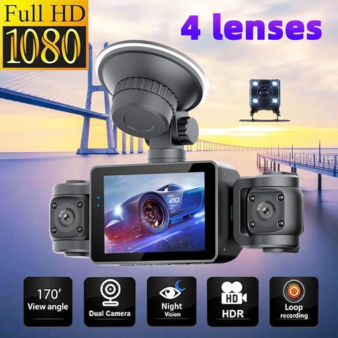 Dash Cam 4 Channel HD Front and Rear Inside Left Right Car Camera Dashcam Voice Control Wide Angle Night Vision, 24H Parking Mode (Only)