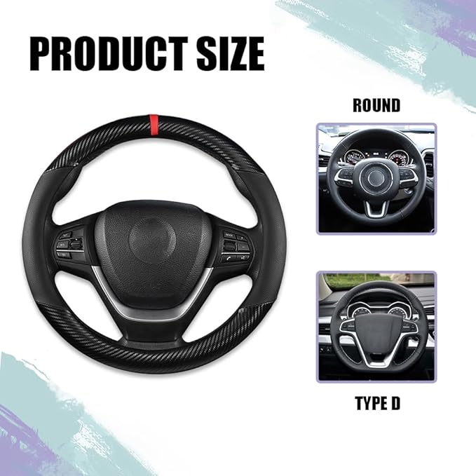 Carbon Fiber Car Steering Wheel Cover, Universal 15 inch Breathable Anti Slip Steering Wheel Covers, Car Interior Accessories for Men and Women, Fit for Most Vehicles (Black)